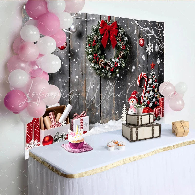 Lofaris Snowy Wooden Christmas Backdrop with Festive Wreath and Snowman Winter Wonderland Background for Holiday Photoshoot and Party Decor