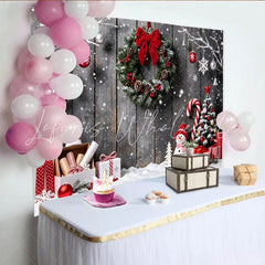 Lofaris Snowy Wooden Christmas Backdrop with Festive Wreath and Snowman Winter Wonderland Background for Holiday Photoshoot and Party Decor