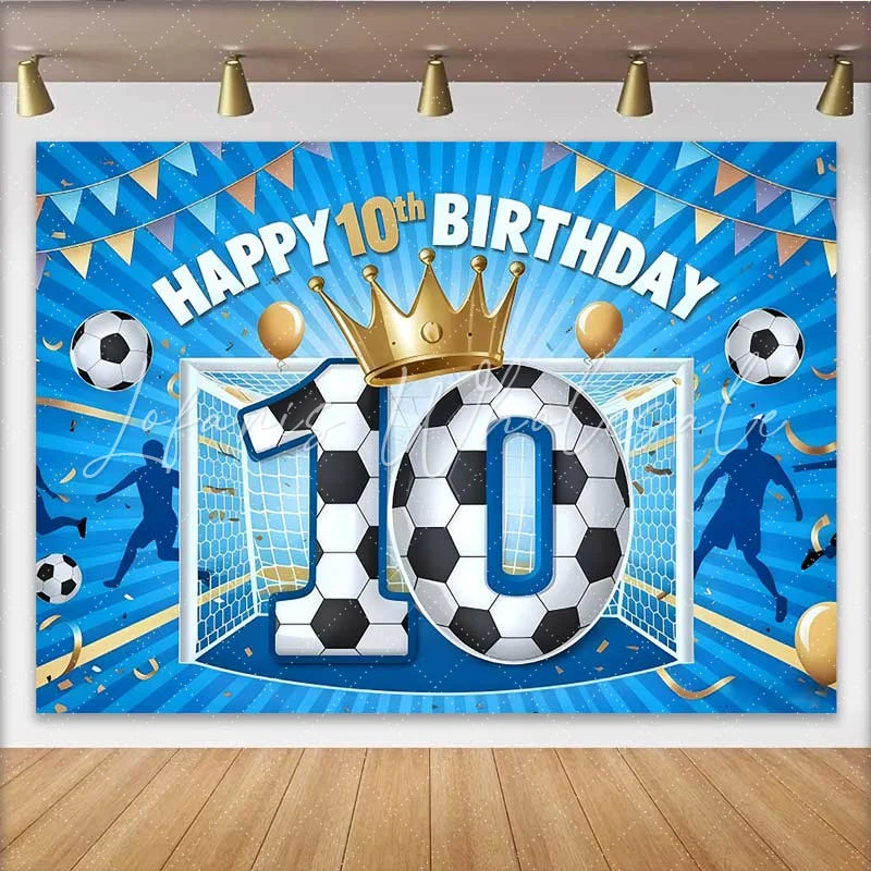 Lofaris Soccer Champion 10th Birthday Backdrop Blue Goal and Gold Crown Sport Party Banner