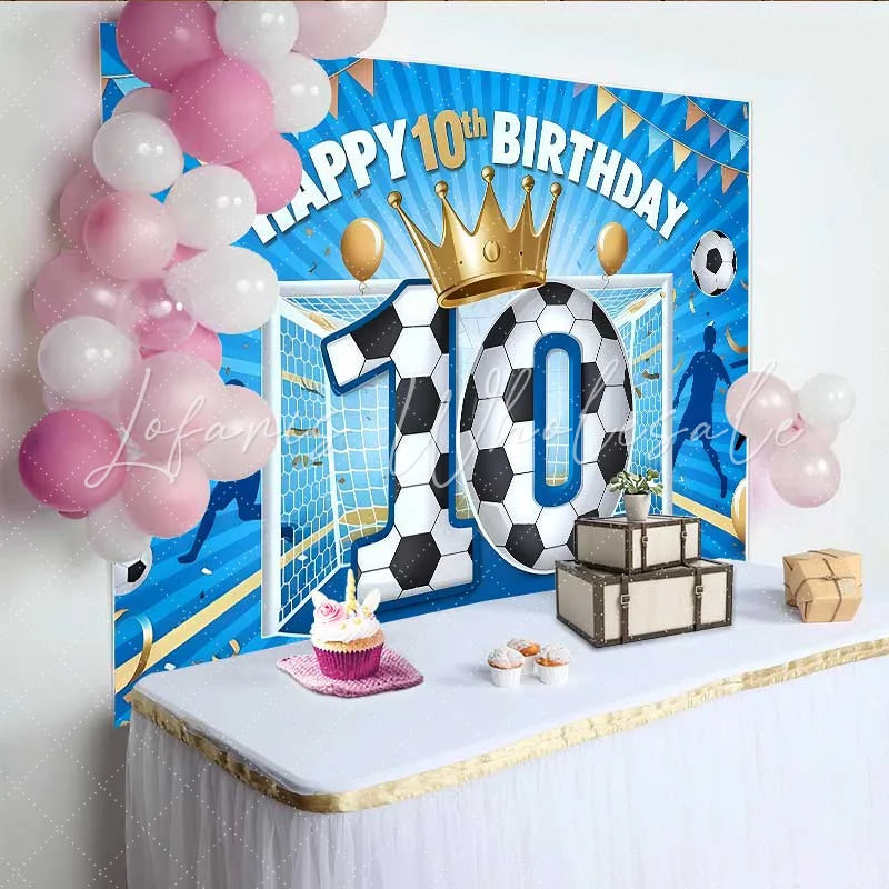 Lofaris Soccer Champion 10th Birthday Backdrop Blue Goal and Gold Crown Sport Party Banner