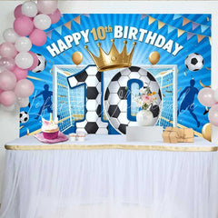 Lofaris Soccer Champion 10th Birthday Backdrop Blue Goal and Gold Crown Sport Party Banner