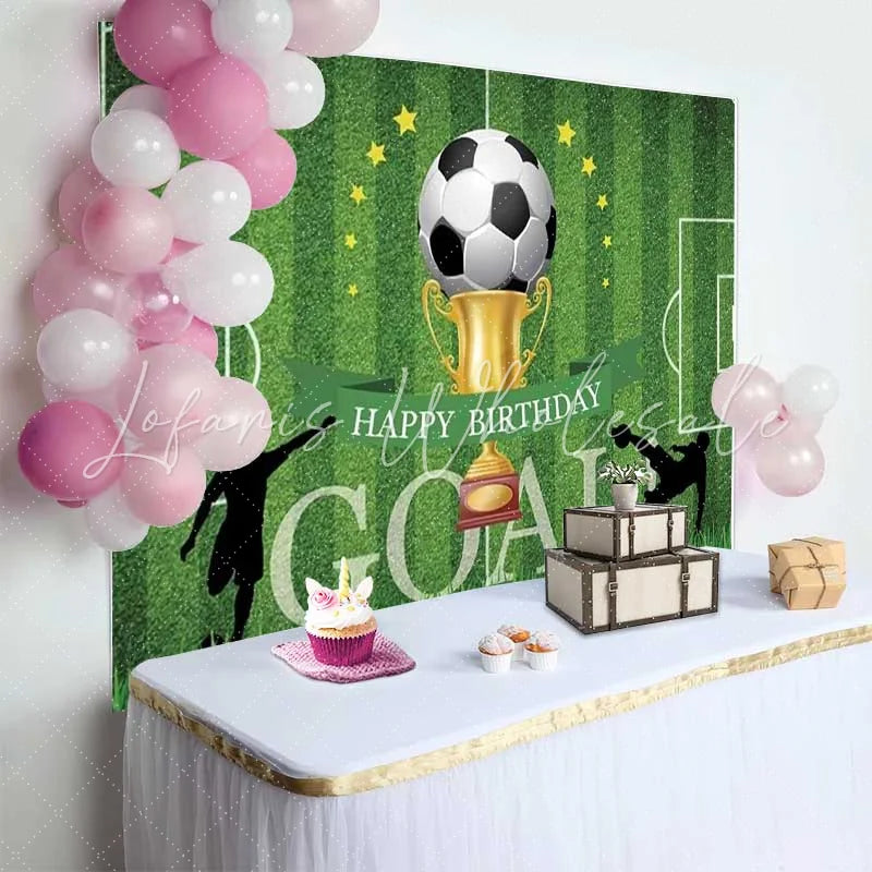 Lofaris Soccer Goal Happy Birthday Backdrop Gold Trophy Football Field Boys Party Photography Background