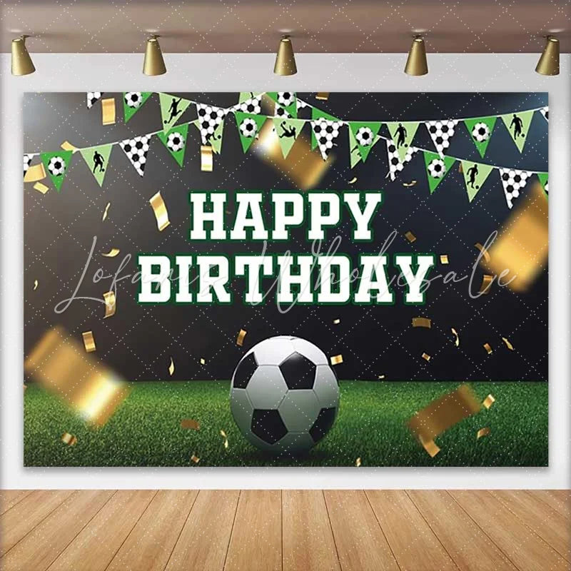 Lofaris Soccer Theme Happy Birthday Backdrop Green Grass Gold Confetti Boys Party Photography Background