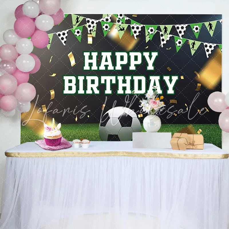 Lofaris Soccer Theme Happy Birthday Backdrop Green Grass Gold Confetti Boys Party Photography Background