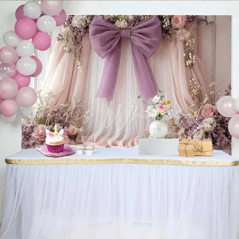 Lofaris Soft Floral Wedding Backdrop Pink and Lavender Draping with Purple Bow and Roses