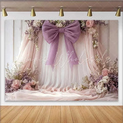 Lofaris Soft Floral Wedding Backdrop Pink and Lavender Draping with Purple Bow and Roses