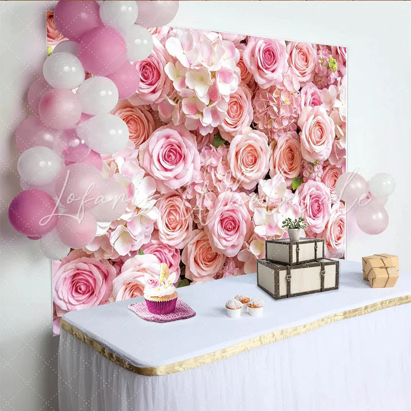 Lofaris Soft Pink Rose and Hydrangea Floral Photography Backdrop Elegant Studio Background for Wedding or Portrait Photoshoot
