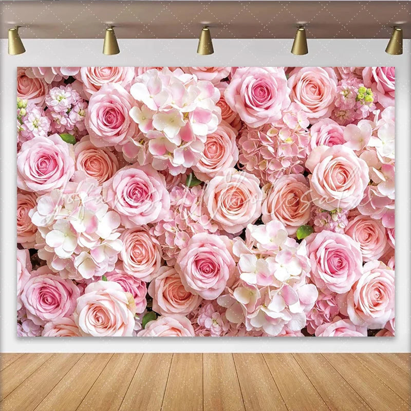 Lofaris Soft Pink Rose and Hydrangea Floral Photography Backdrop Elegant Studio Background for Wedding or Portrait Photoshoot