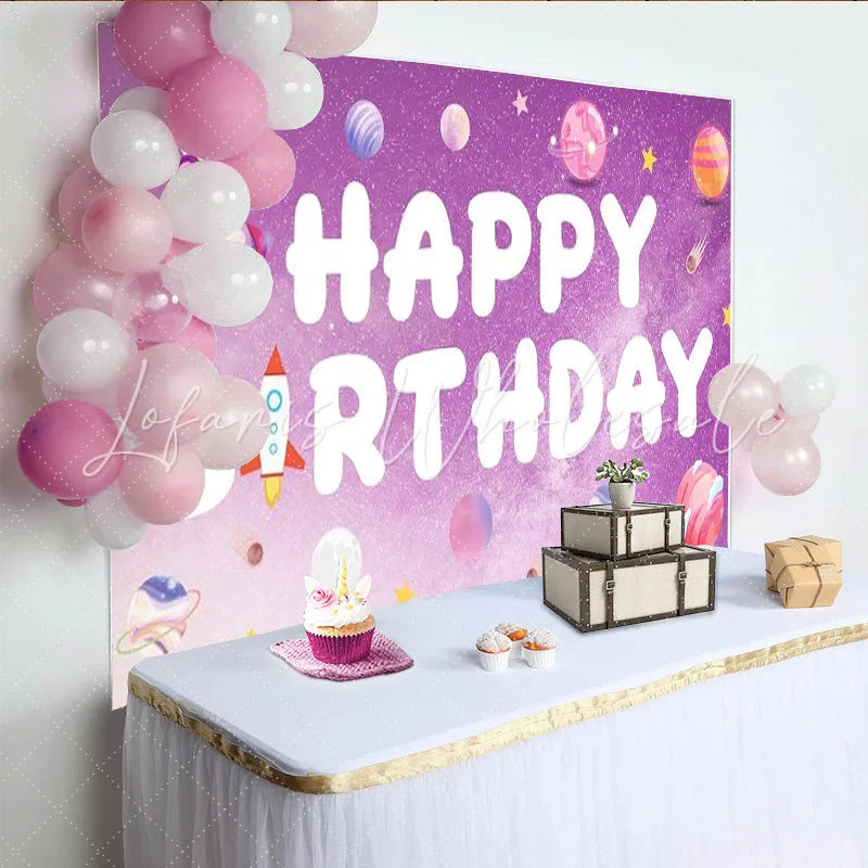 Lofaris Space Astronaut Happy Birthday Backdrop Purple Galaxy Planets and Rocket Ship Party Banner