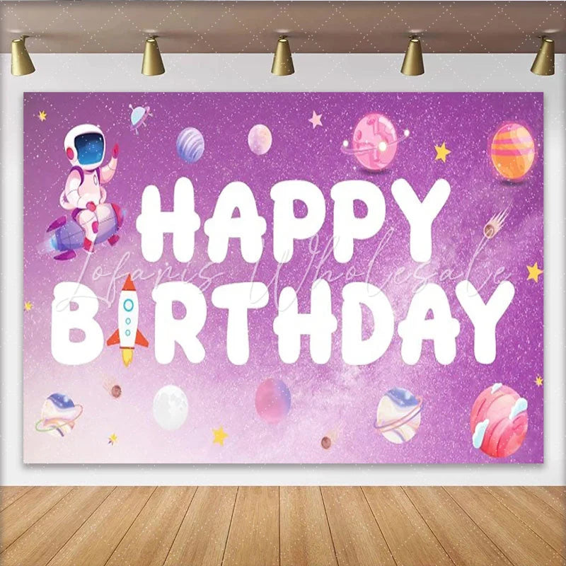 Lofaris Space Astronaut Happy Birthday Backdrop Purple Galaxy Planets and Rocket Ship Party Banner