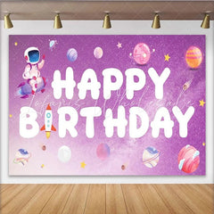 Lofaris Space Astronaut Happy Birthday Backdrop Purple Galaxy Planets and Rocket Ship Party Banner