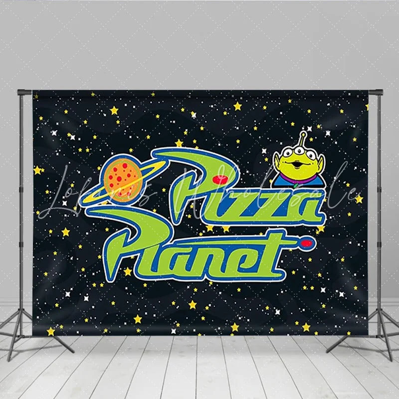 Lofaris Space Pizza Planet Birthday Backdrop Cartoon Alien Galaxy Star Party Decoration Boy Blue Night Sky Photo Background