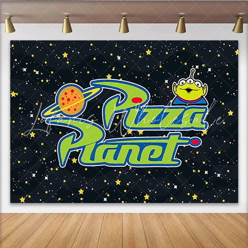 Lofaris Space Pizza Planet Birthday Backdrop Cartoon Alien Galaxy Star Party Decoration Boy Blue Night Sky Photo Background