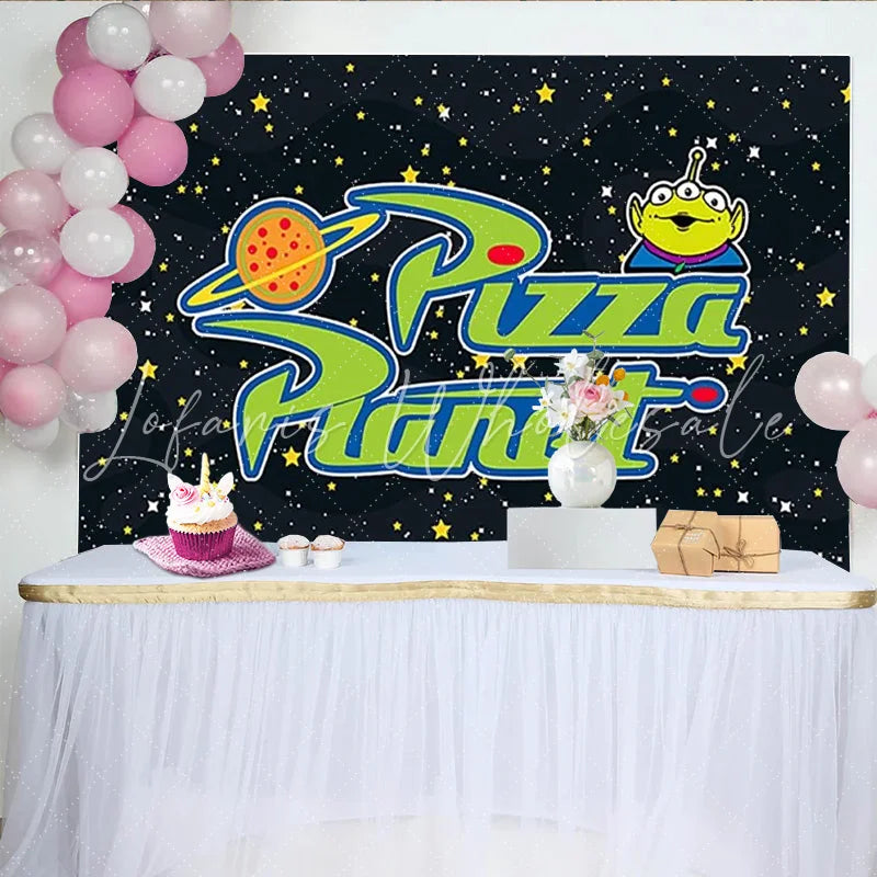 Lofaris Space Pizza Planet Birthday Backdrop Cartoon Alien Galaxy Star Party Decoration Boy Blue Night Sky Photo Background