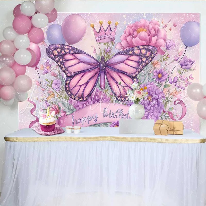 Lofaris Sparkle Butterfly Birthday Backdrop Purple Pink Floral Crown Background Magic Princess Party Photo Prop