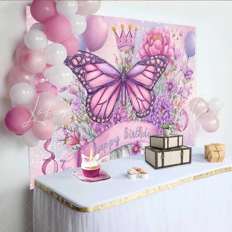 Lofaris Sparkle Butterfly Birthday Backdrop Purple Pink Floral Crown Background Magic Princess Party Photo Prop