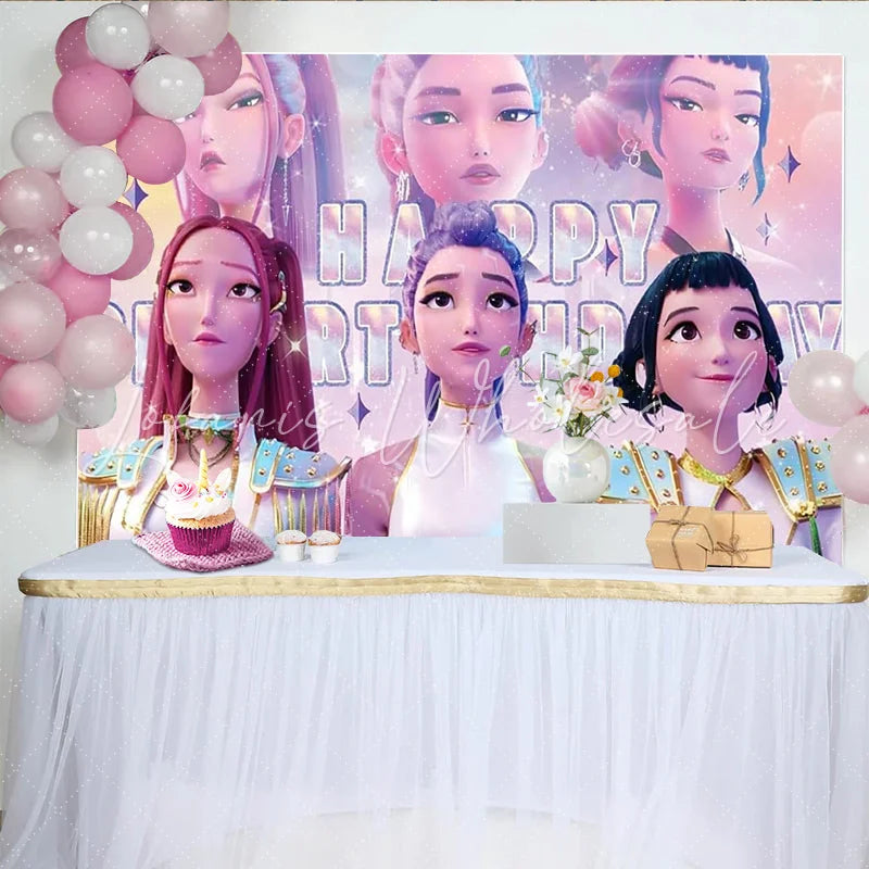 Lofaris Sparkling Animated Pop Idol Girls Cartoon Birthday Backdrop Vibrant Celebration Background for Girls Party Decor and Photoshoots