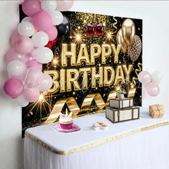 Lofaris Sparkling Black and Gold Glitter Birthday Backdrop with Balloons Leopard Print and Golden Streamers Luxurious Photo Booth Prop