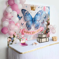 Lofaris Sparkling Blue Butterfly and Gold Crown Happy Birthday Cake Smash Backdrop Princess Fairy Party Decor