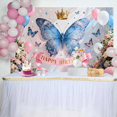 Lofaris Sparkling Blue Butterfly and Gold Crown Happy Birthday Cake Smash Backdrop Princess Fairy Party Decor