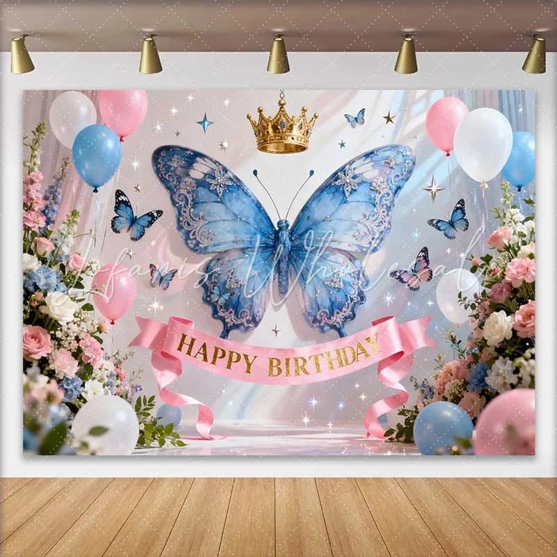 Lofaris Sparkling Blue Butterfly and Gold Crown Happy Birthday Cake Smash Backdrop Princess Fairy Party Decor