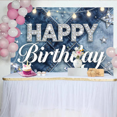 Lofaris Sparkling Glitter Denim Birthday Backdrop with Happy Birthday Text Elegant Photo Background for Party Decoration