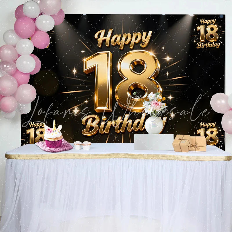 Lofaris Sparkling Gold 18th Happy Birthday Backdrop Spotlight and Stars Anniversary Background Luxury Milestone Party