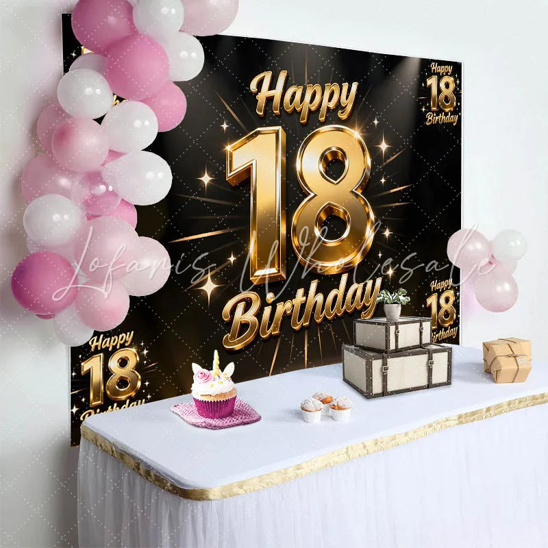 Lofaris Sparkling Gold 18th Happy Birthday Backdrop Spotlight and Stars Anniversary Background Luxury Milestone Party