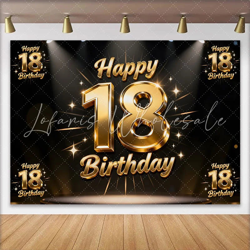 Lofaris Sparkling Gold 18th Happy Birthday Backdrop Spotlight and Stars Anniversary Background Luxury Milestone Party