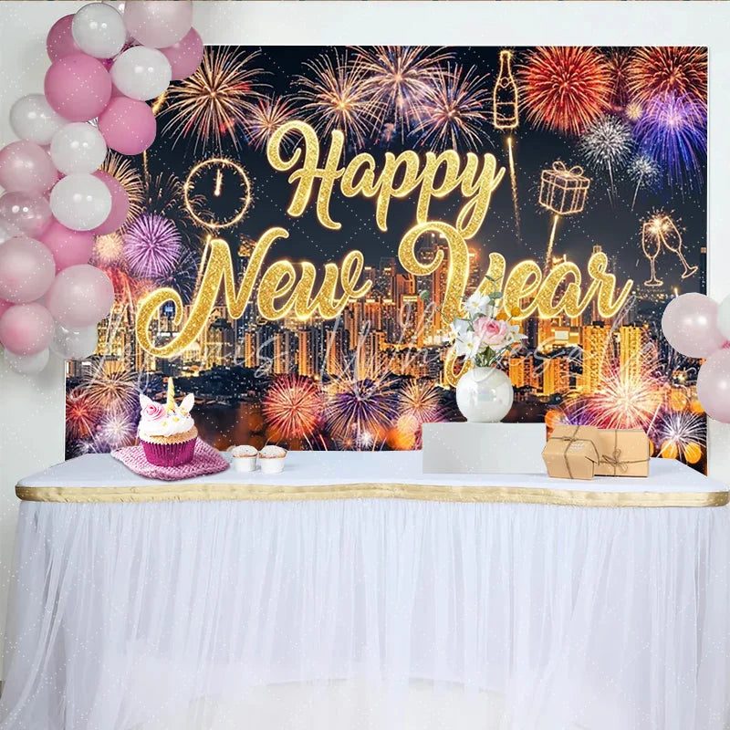 Lofaris Sparkling Gold Happy New Year Backdrop with Cityscape and Vibrant Light Bursts Festive Party Background for Event Photography