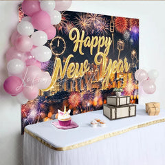 Lofaris Sparkling Gold Happy New Year Backdrop with Cityscape and Vibrant Light Bursts Festive Party Background for Event Photography