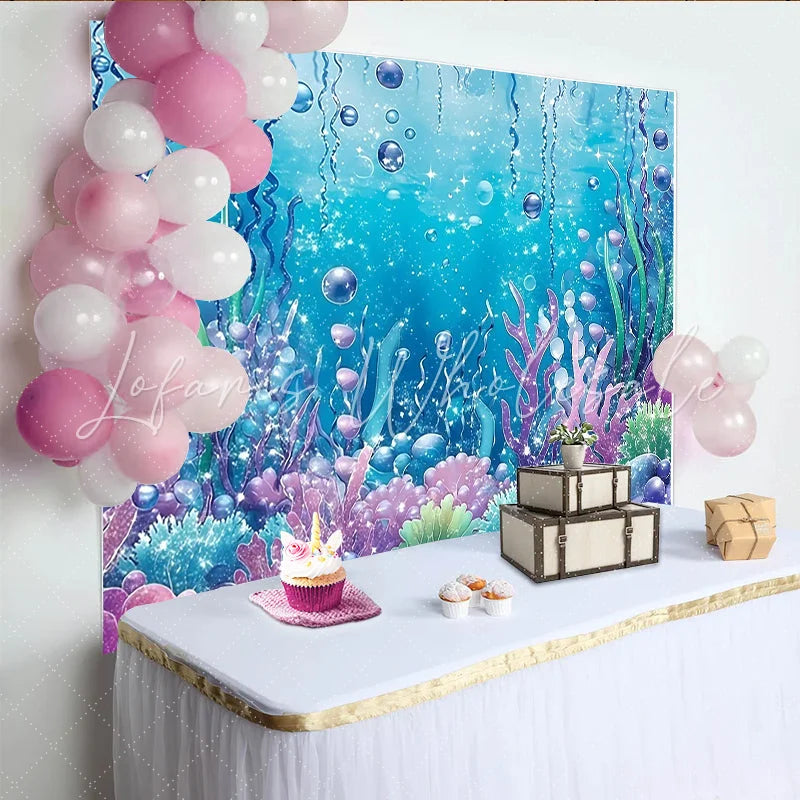Lofaris Sparkling Mermaid Underwater Photography Backdrop with Colorful Coral and Bubbles Fantasy Ocean Background for Studio Photoshoot