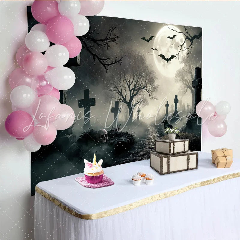 Lofaris Spooky Graveyard Halloween Backdrop with Full Moon and Flying Bats Eerie Cemetery Scene for Party Decor and Photoshoot Props