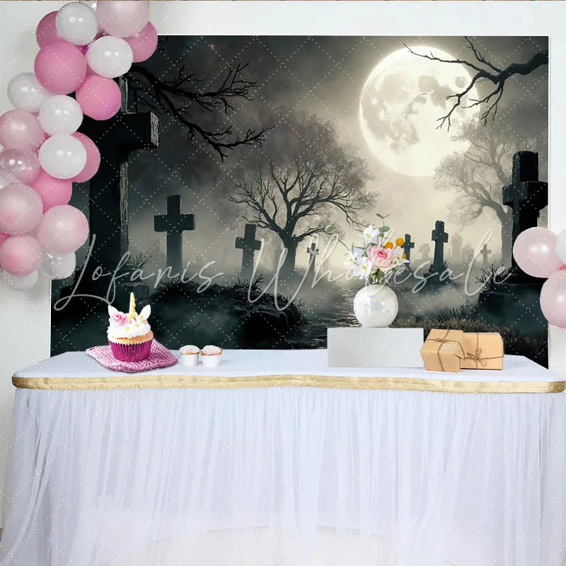 Lofaris Spooky Graveyard Halloween Backdrop with Full Moon and Misty Path Eerie Cemetery Photography Background for Spooky Party Decor