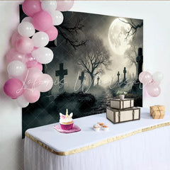 Lofaris Spooky Graveyard Halloween Backdrop with Full Moon and Misty Path Eerie Cemetery Photography Background for Spooky Party Decor