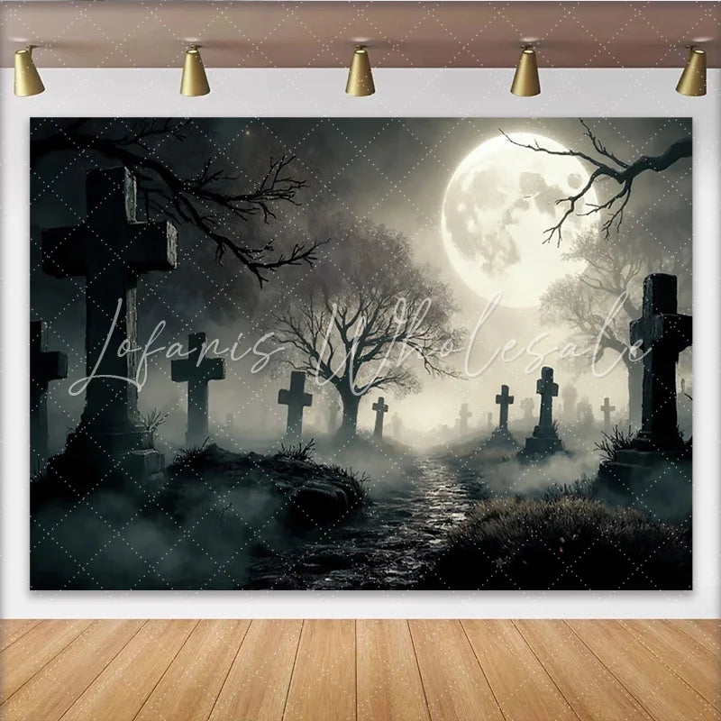 Lofaris Spooky Graveyard Halloween Backdrop with Full Moon and Misty Path Eerie Cemetery Photography Background for Spooky Party Decor
