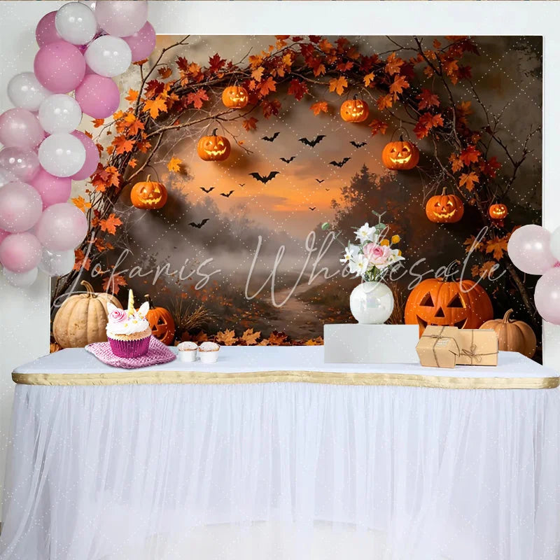 Lofaris Spooky Halloween Backdrop with Carved Pumpkins and Autumn Leaves Misty Forest Path Background for Fall Party Decoration