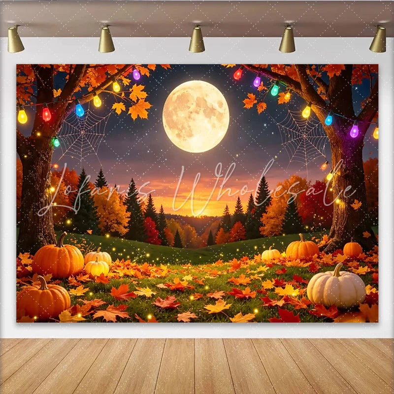 Lofaris Spooky Halloween Backdrop with Full Moon Pumpkins and Autumn Leaves Festive Fall Decor for Party Photography