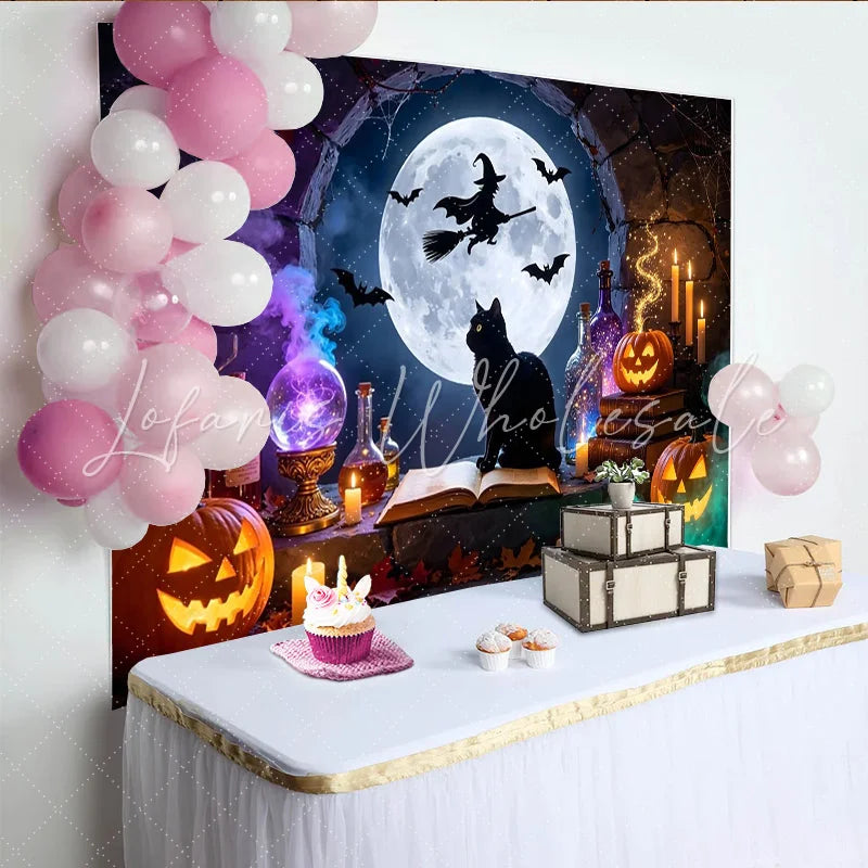 Lofaris Spooky Halloween Backdrop with Full Moon Witch and Flying Bats Magical Black Cat and Pumpkin Decor for Party