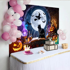 Lofaris Spooky Halloween Backdrop with Full Moon Witch and Flying Bats Magical Black Cat and Pumpkin Decor for Party