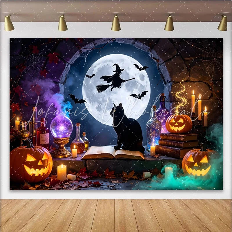 Lofaris Spooky Halloween Backdrop with Full Moon Witch and Flying Bats Magical Black Cat and Pumpkin Decor for Party