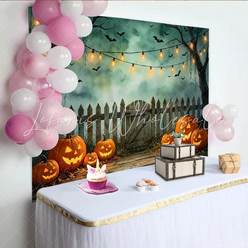 Lofaris Spooky Halloween Backdrop with Glowing Jack-o-lanterns Bats and Misty Trees Wooden Fence Photography Background for Party Decor