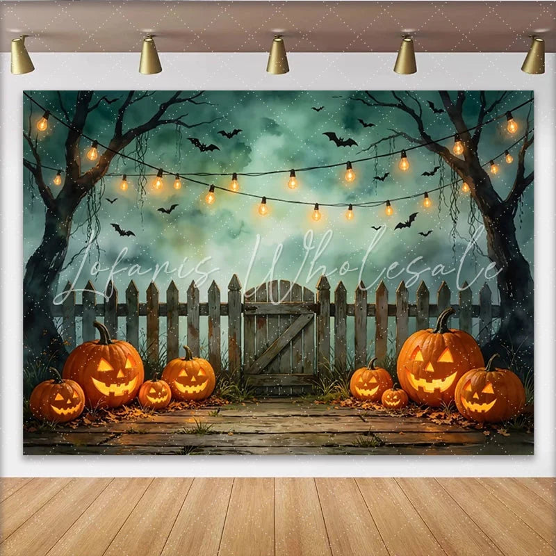 Lofaris Spooky Halloween Backdrop with Glowing Jack-o-lanterns Bats and Misty Trees Wooden Fence Photography Background for Party Decor