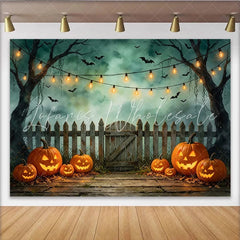 Lofaris Spooky Halloween Backdrop with Glowing Jack-o-lanterns Bats and Misty Trees Wooden Fence Photography Background for Party Decor