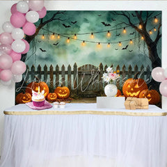 Lofaris Spooky Halloween Backdrop with Glowing Jack-o-lanterns Bats and Misty Trees Wooden Fence Photography Background for Party Decor