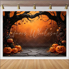 Lofaris Spooky Halloween Backdrop with Gnarled Tree and Glowing Jack-o’-Lanterns Autumn Party Decor for Photo Booth and Event Photography