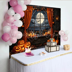 Lofaris Spooky Halloween Backdrop with Jack-o’-lanterns and Full Moon Dark Night Window Background for Spooky Party Decor and Photoshoot