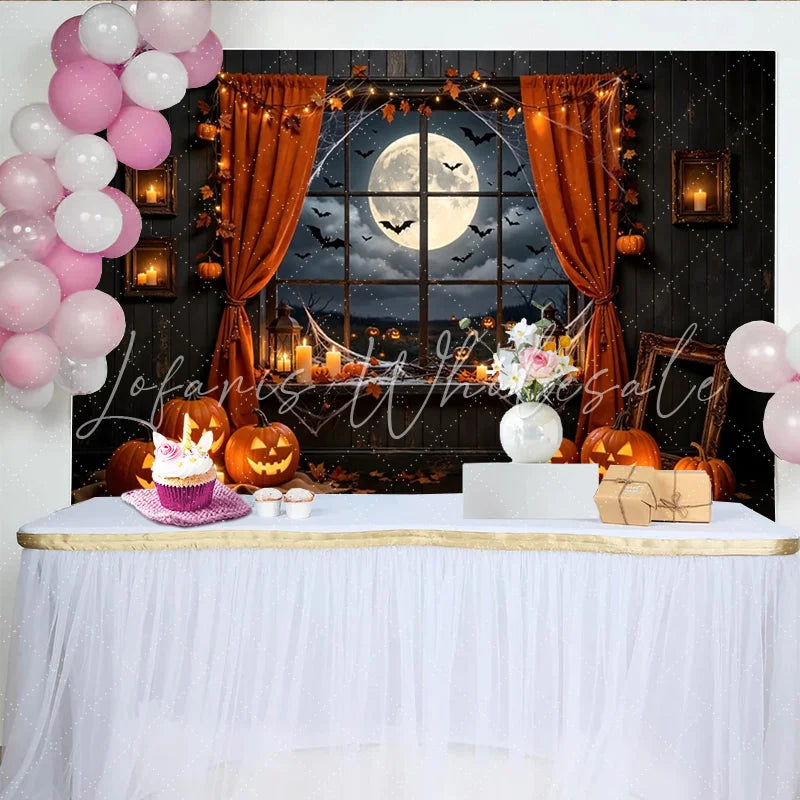 Lofaris Spooky Halloween Backdrop with Jack-o’-lanterns and Full Moon Dark Night Window Background for Spooky Party Decor and Photoshoot