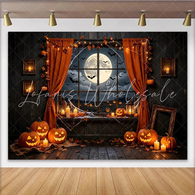 Lofaris Spooky Halloween Backdrop with Jack-o’-lanterns and Full Moon Dark Night Window Background for Spooky Party Decor and Photoshoot