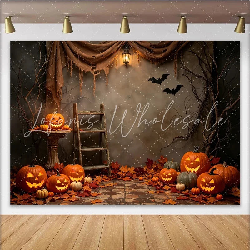 Lofaris Spooky Halloween Backdrop with Jack-o-Lanterns Autumn Leaves and Bats Rustic Photography Background for Party Decor and Photoshoots
